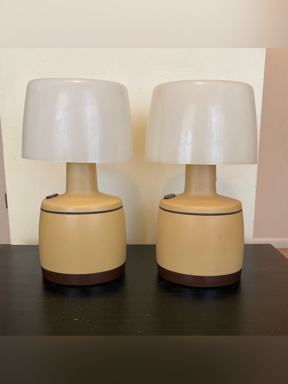 Vintage 2 BMG Portable Camping Lantern RV Battery Lamp 1970s Van Life Tan Brown